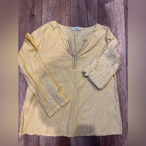 Yellow Made in Italy Linen Blend Long Sleeve with Roll-Tab Sleeve